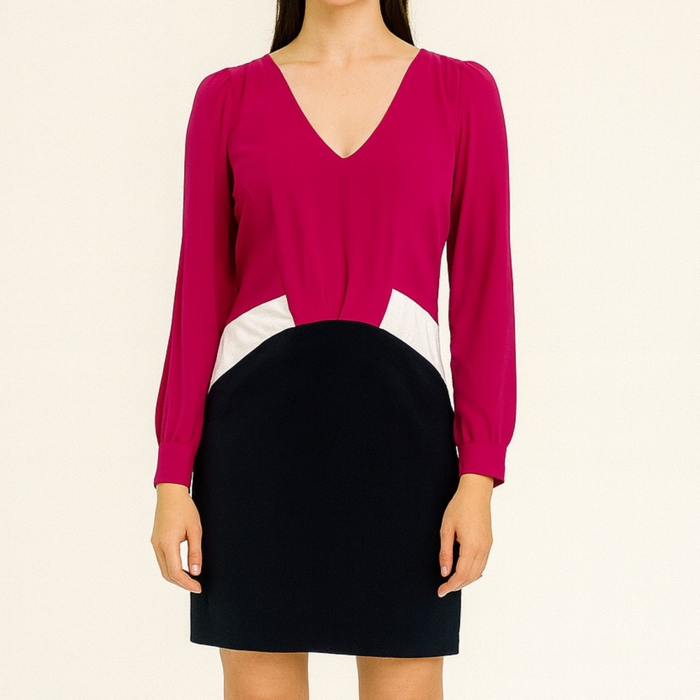Gianni Bini Pink White Navy Colorblock V-Neck Long Sleeve Dress Size 9 - Picture 1 of 8